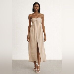 Revolve L’academie Jolena linen blend halter maxi dress in tan. NWT. XS